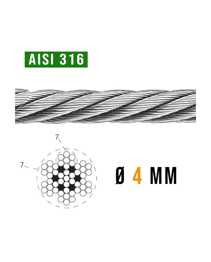 Cavo Acciaio INOX 4 mm AISI 316 7 X 7 - 8,9 Kn