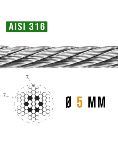 Cavo Acciaio INOX 5 mm AISI 316 7 X 7 - 14 Kn