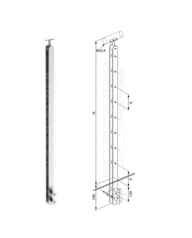 Montante Acciaio INOX, Doppio Piatto, Laterale, 5 Supporti per Tondo 12 mm H.1300 | AISI 304 Satinato