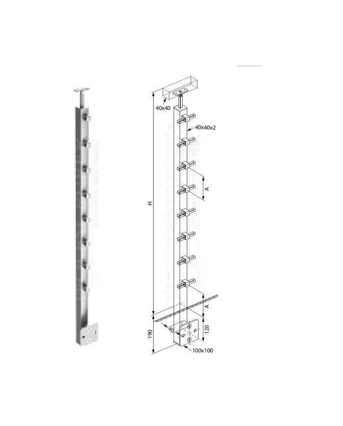Montante Acciaio INOX, Scatolato 40x40x2, Laterale, 5 Supporti per Quadro 12 mm, Sella Piana, H.1100 | AISI 304 Satinato