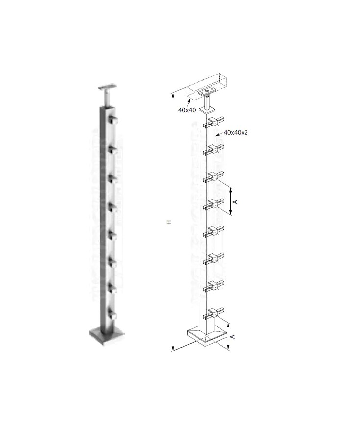 Montante Acciaio INOX, Scatolato 40x40x2, Pavimento, 5 Supporti per quadro 12 mm, SELLA PIANA, H.1000 | AISI 304 Satinato