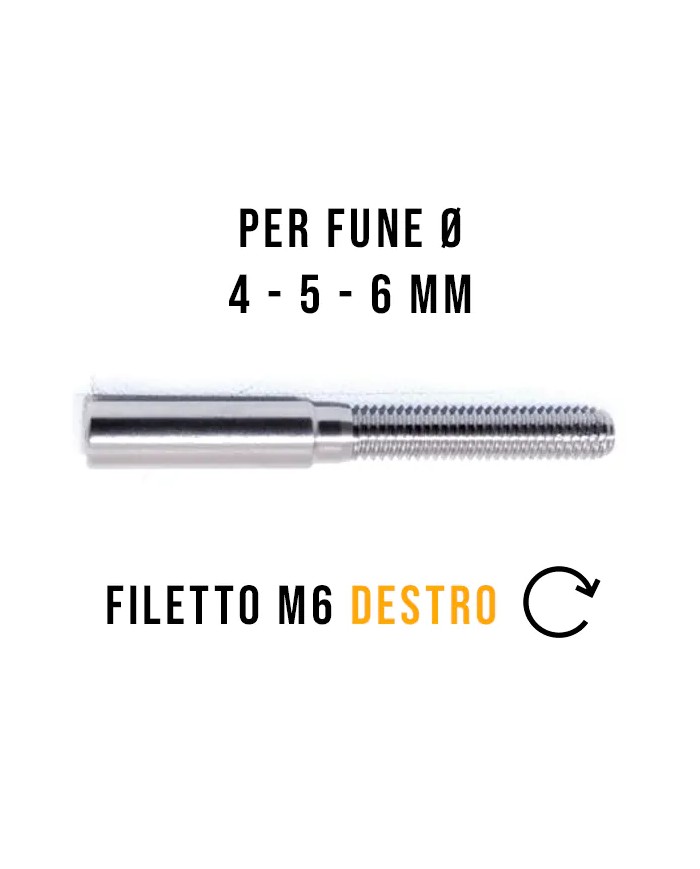 Terminale Cavo Acciaio Inox Ø 4-5-6 mm a Pressione, Filettato maschio M6 DESTRO | AISI 316