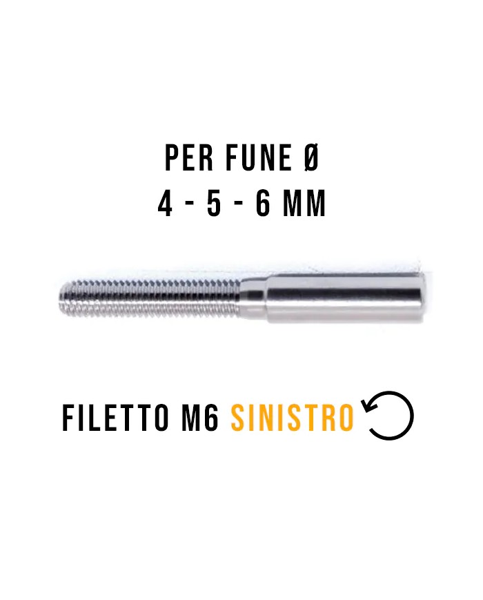 Terminale Cavo Acciaio Inox Ø 4-5-6 mm a Pressione, Filettato maschio M6 SINISTRO | AISI 316