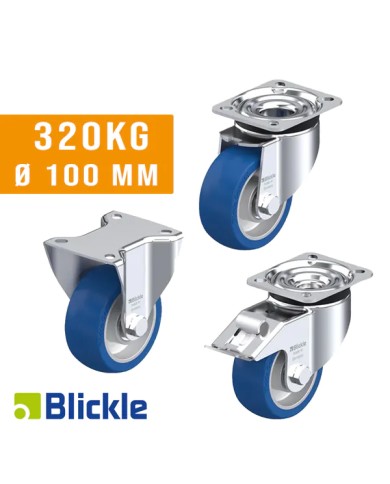 Ruote per Carrelli PORTATA 320KG Ø 100X40 Poliuretano Blickle Besthane® Soft, Corpo alluminio