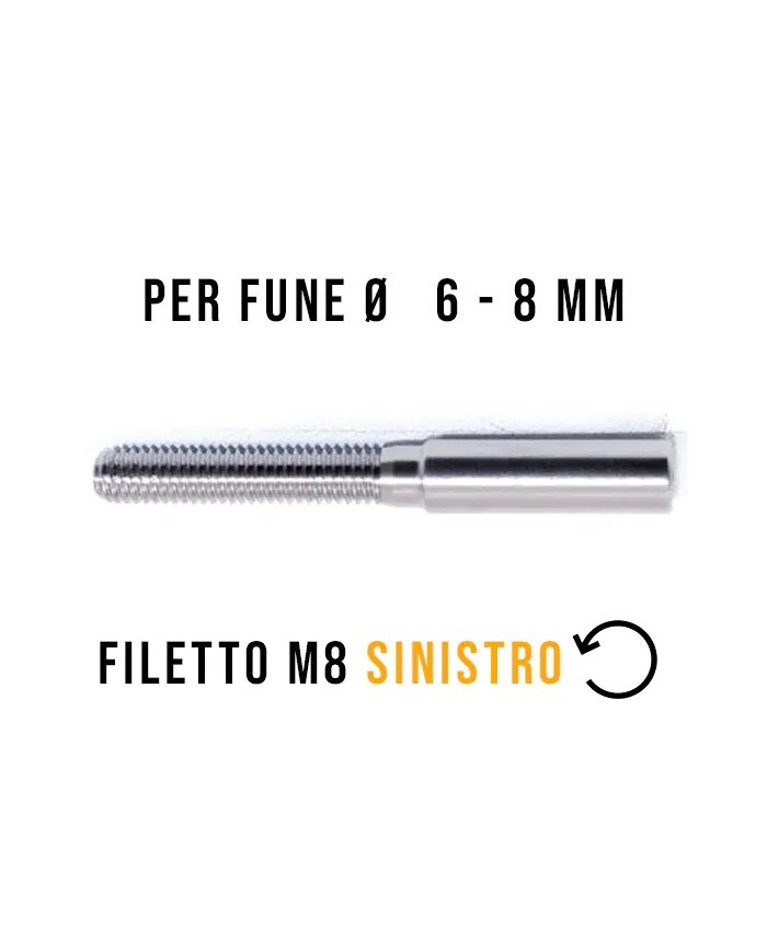 Terminale Cavo Acciaio Inox Ø 6-8 mm a Pressione, Filettato maschio M8 SINISTRO | AISI 316