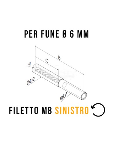 Terminale a pressione per Cavo Acciaio INOX Ø 6mm Filettato Femmina M.8 Sinistro | AISI 316