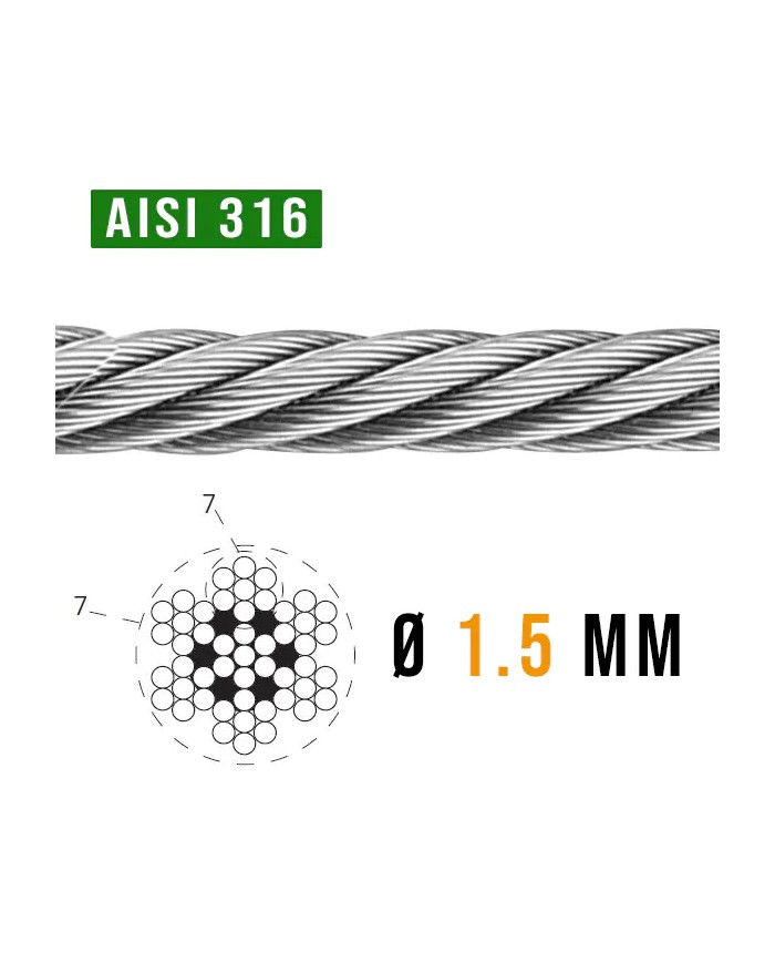 Cavo Acciaio INOX 1.5 mm AISI 316 - 1.25 Kn