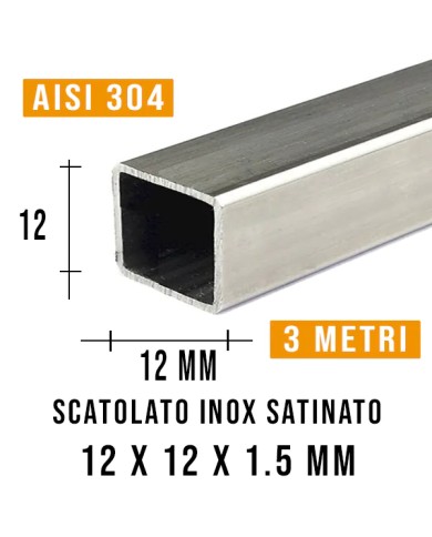 Tubolare Inox Satinato QUADRO 12x12 x1.5 mm, 3MT | AISI 304 Imbustato Singolarmente