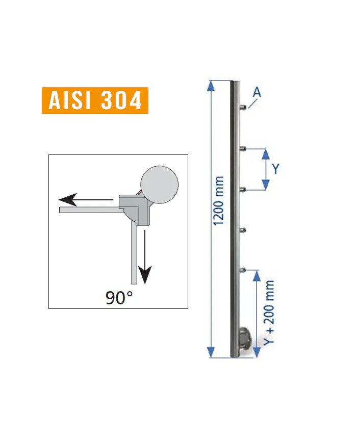 Montante Acciaio INOX per ringhiera, Laterale, Angolo ESTERNO, TUBO Ø 42,4mm, SUPPORTI tondo 12 mm, H.1200 | AISI 304 Satinato