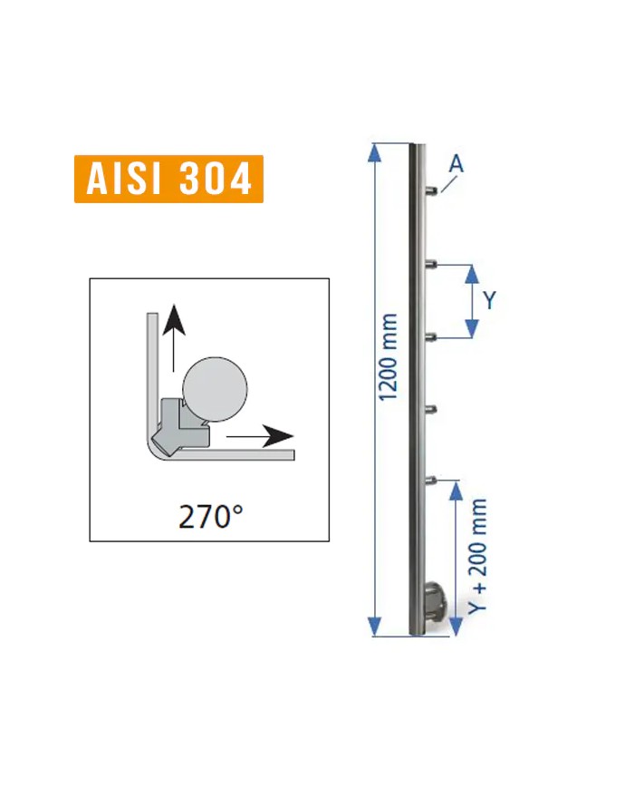 Montante Acciaio INOX per ringhiera, Laterale, Angolo INTERNO, TUBO Ø 42,4mm, SUPPORTI tondo 12 mm, H.1200 | AISI 304 Satinato