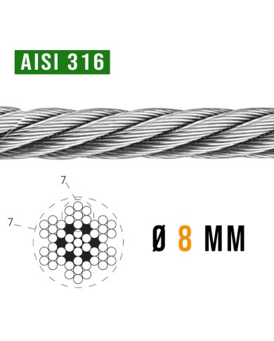 Cavo Acciaio INOX 8 mm AISI 316 7 X 7 - 35 Kn | Bobina 100 mt