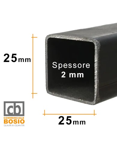 Tubolare FERRO 25x25x2 mm | Barre da 2 e 3 MT