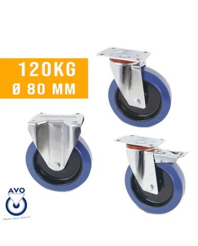 Ruote per Carrelli Portata 120 Kg Ø  80 mm Gomma + Plastica, Staffa Zincata, 68 Shore.