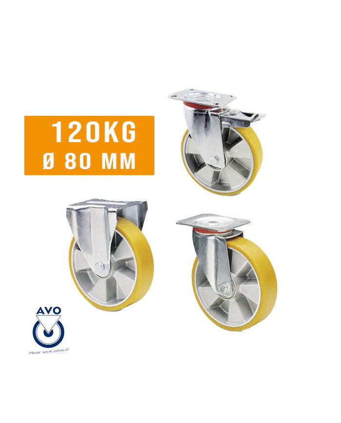 Ruote per Carrelli Portata 120 Kg Ø  80 mm Poliuretano + Alluminio, Staffa Zincata, 91 Shore