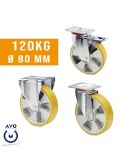 Ruote per Carrelli Portata 120 Kg Ø  80 mm Poliuretano + Alluminio, Staffa Zincata, 91 Shore