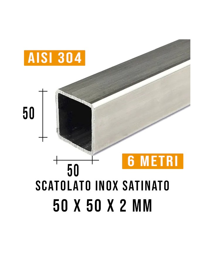 Tubolare Inox Satinato QUADRO 50x50 x2 mm, 6MT | AISI 304 Imbustato Singolarmente