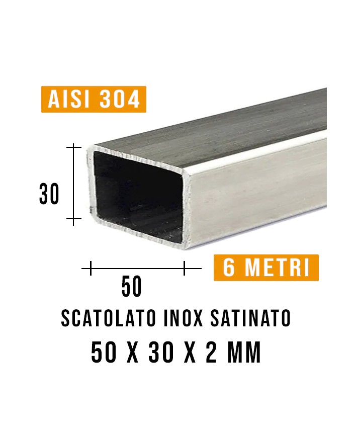 Tubolare Inox Satinato RETTANGOLO 50x30 x2 mm, 6MT | AISI 304 Imbustato Singolarmente